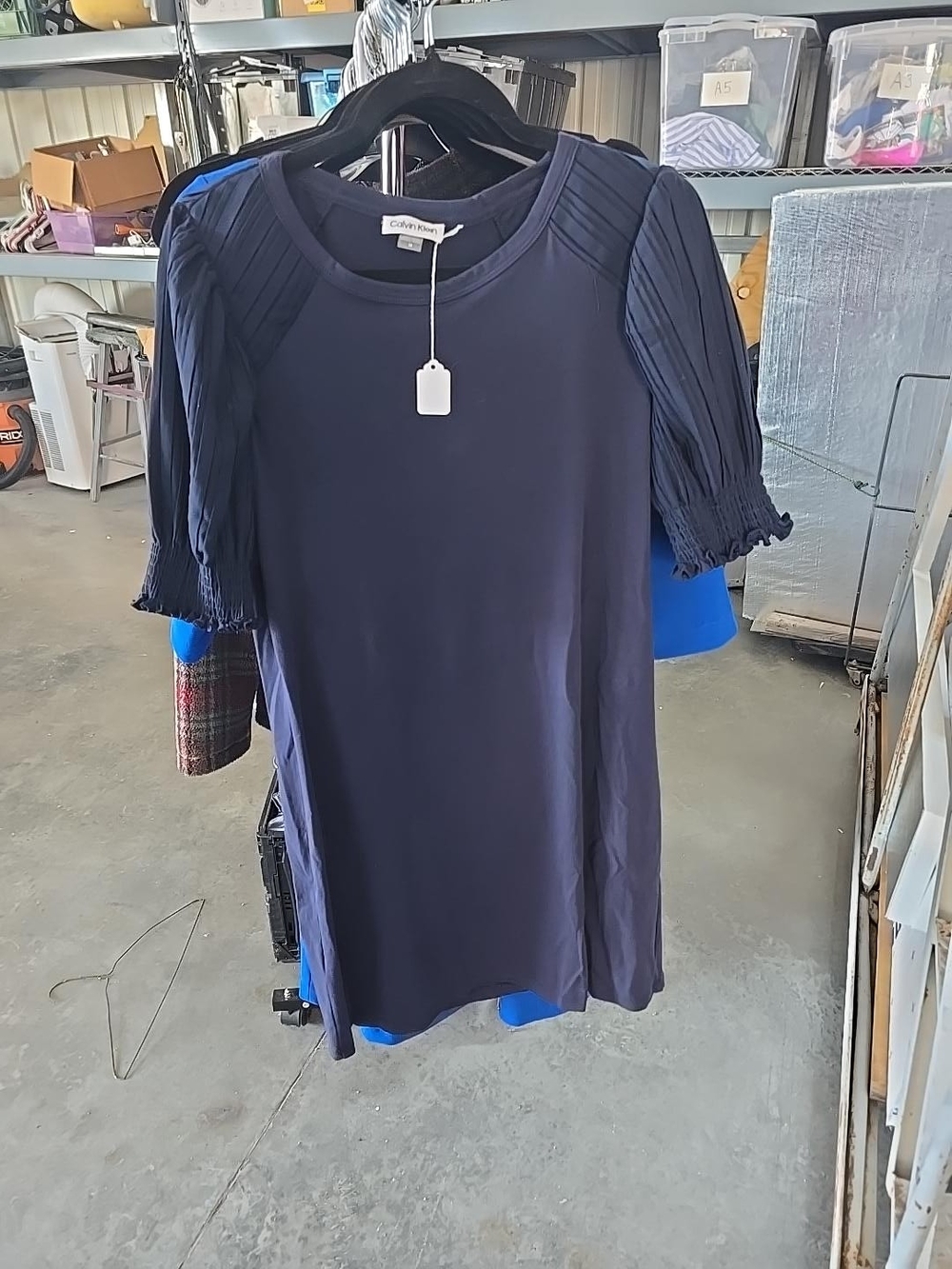 Calvin Klein Navy Pleated-Sleeve Tunic Dress Size M